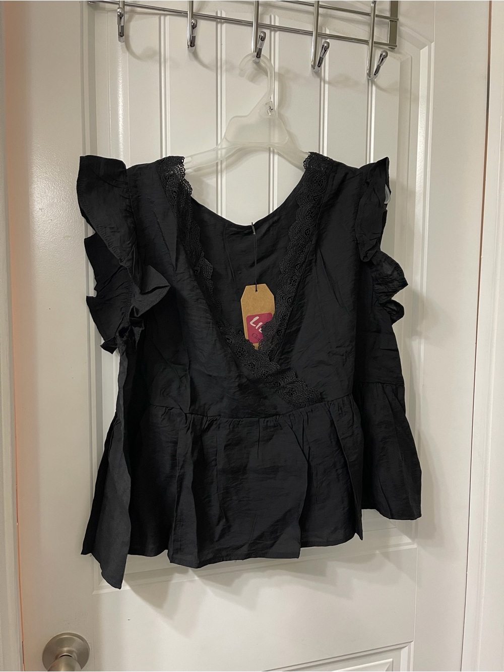 Black Lace-Trim Flutter Sleeve Peplum Blouse